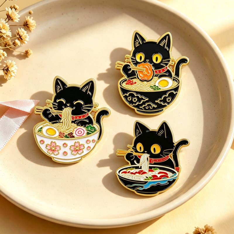 Enamel Pin Set - Schattige Zwarte Kat die Noedels Eet